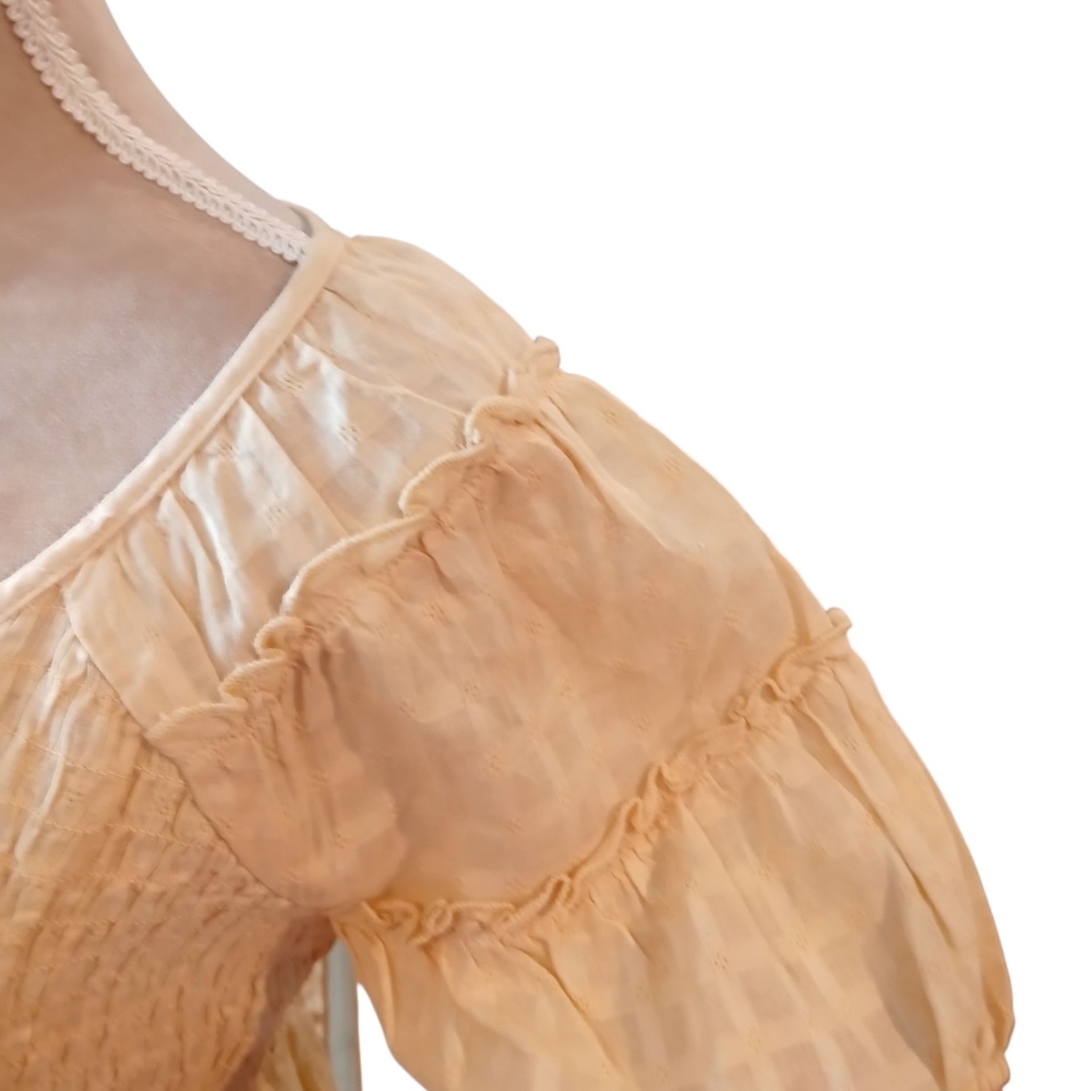 American Eagle Smocked Ruffle Cropped Puff Sleeve Peplum Henly Shirt Cottagecore - Picture 5 of 11